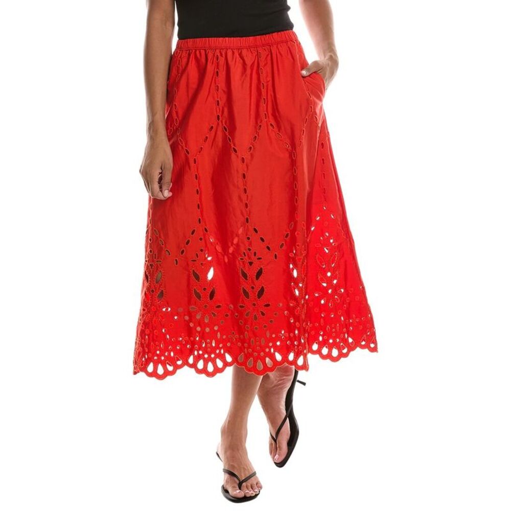 Madewell Womens Embroidered Midi Skirt, Orange